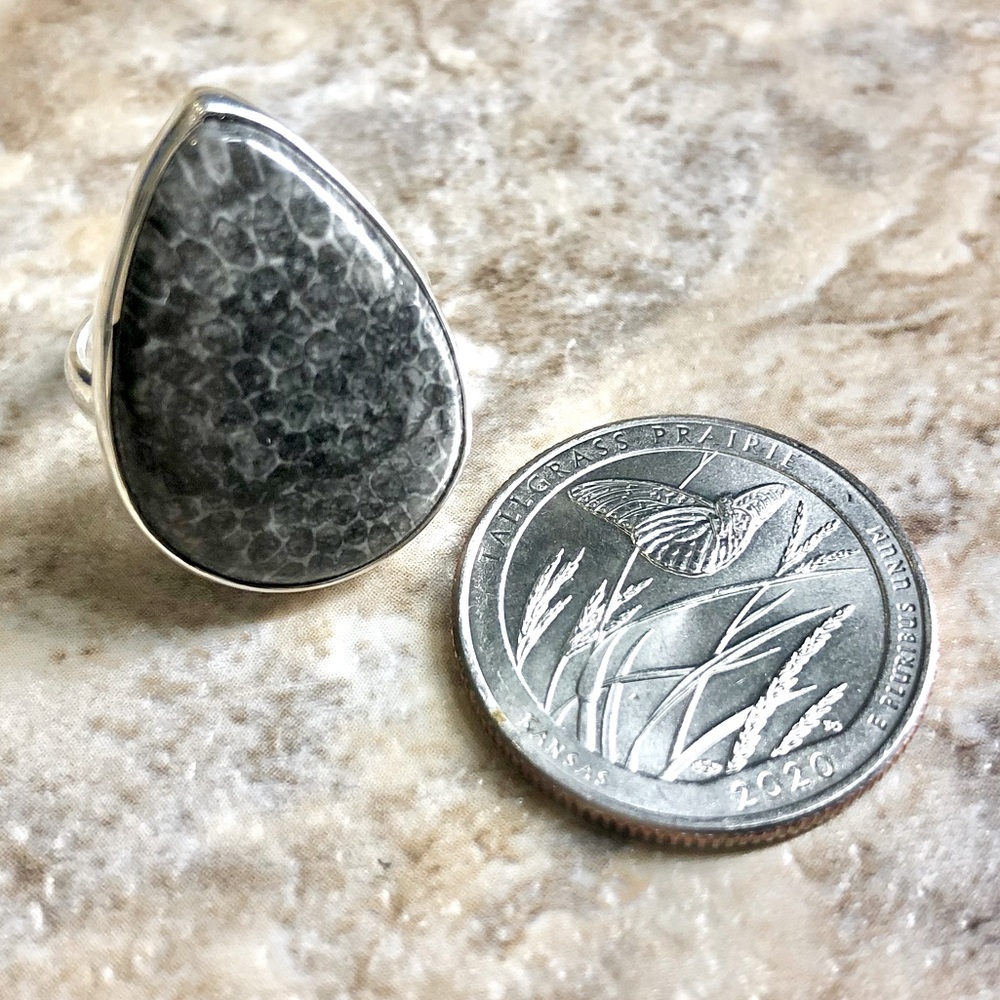 Sterling Silver Fossil Jasper Stone Boho Ring 925